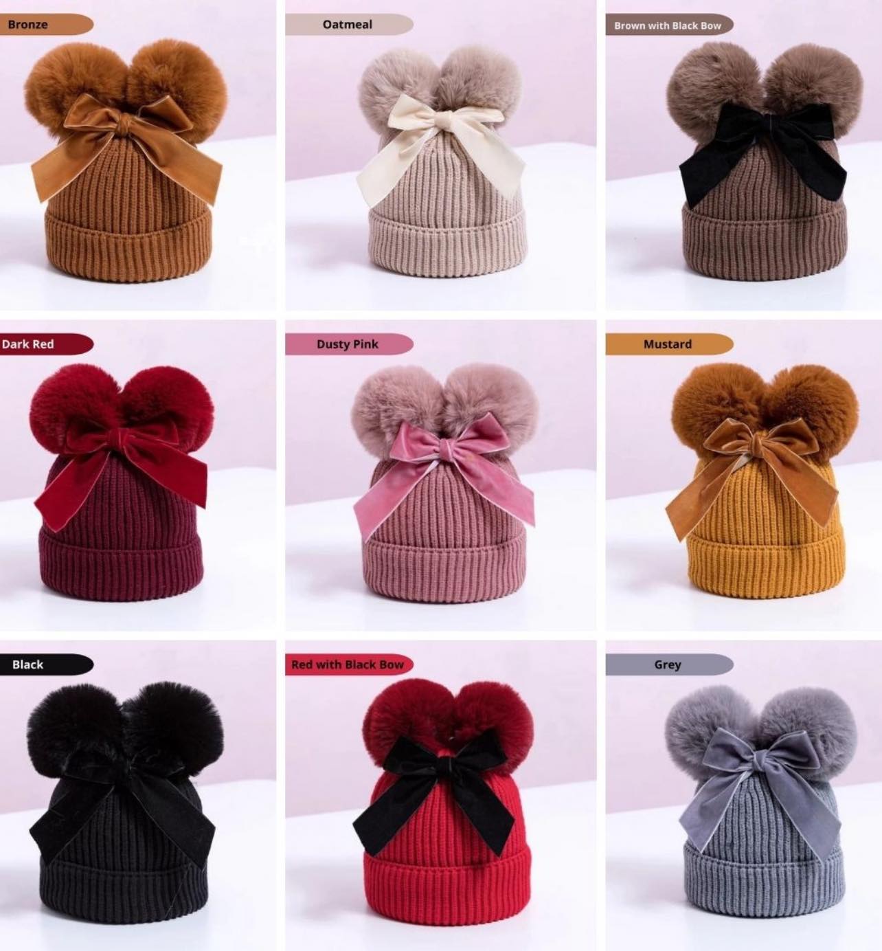 Baby/Junior Double Pom Pom and Bow Beanie Hat